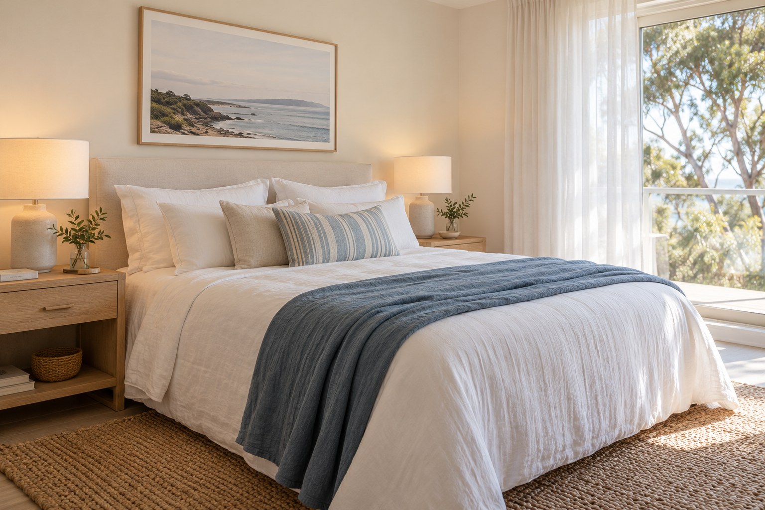 Illustrative concept of a calm bedroom with white linen and blue accents