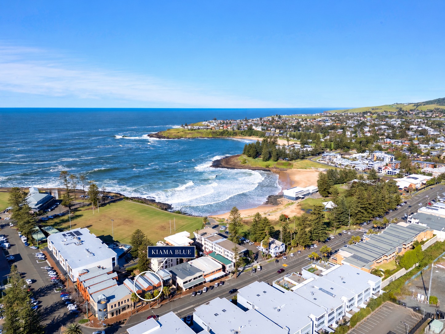Aerial view of Surf Beach and Manning Street, with Kiama Blue at 4/62 Manning Street circled