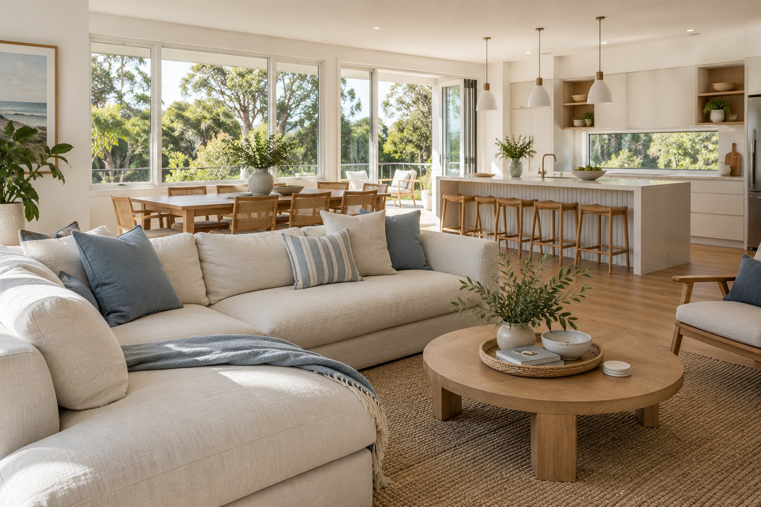 Illustrative concept of an airy coastal open-plan living, dining and kitchen space